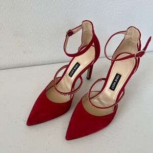 Nine West Pointed toe ankle strap red velvet stiletto heels diamanté accent